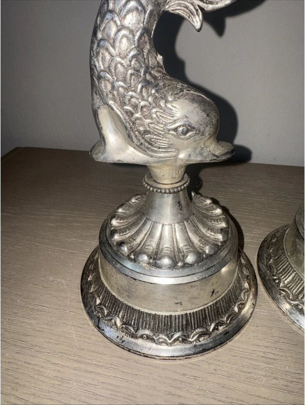 Hollywood Regency Style Silver Plated Dolphin Koi Fish Tall Candle Holders 16 in